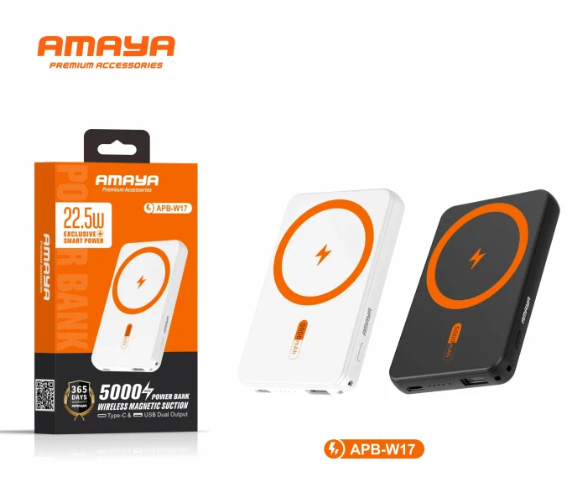 Amaya APB-W17 wireless magnetic power bank 5000mah ultra-thin 22.5W super fast charging which Features both wireless and wired charging capabilities for added versatility