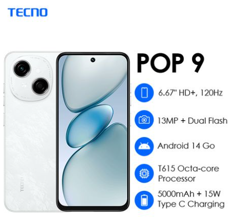 TECNO POP 9 64GB + 6GB(3+3)GB 120Hz 6.67 Smooth Display 4.5G Network 5000mAh Side Fingerprint Sensor IP54 Rating Water Resistance Android v14 Smartphone