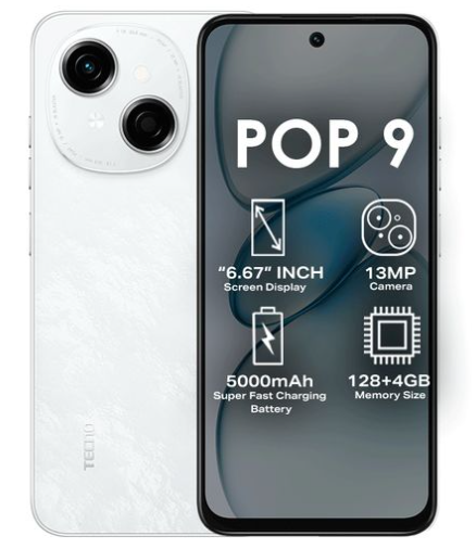 TECNO POP 9 128GB OR 64GB+ 6GB(3+3)GB 120Hz 6.67 Smooth Display 4.5G Network 5000mAh Side Fingerprint Sensor IP54 Rating Water Resistance Android v14 Smartphone