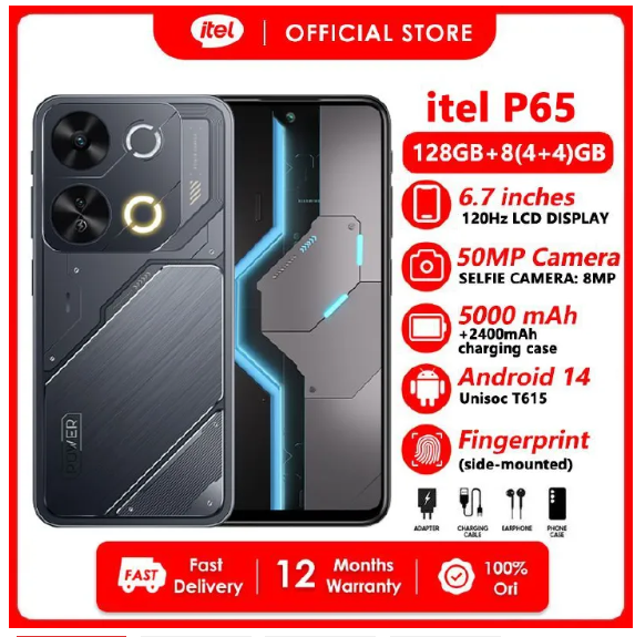 Itel P65 128GB + 8(4+4)GB RAM 6.7" Display 7400mAh(5000mAh Baterry +2400mAh Charging Case) Dual SIM 4G Network 50MP+8MP Camera Fingerprint And Face Unlock Smart Phones