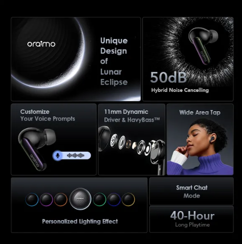 Oraimo TWS Bluetooth Headset v5.4 Spacebuds OTW-630 Hybrid Noise Cancelling ANC 40H Playtime Gaming Earbuds IP54 Waterproof Bluetooth Wireless Earphones
