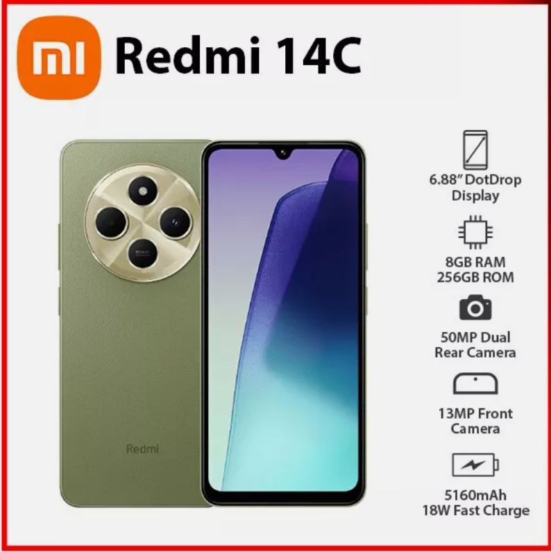 [New Arrivals] Xiaomi Redmi 14C 8GB RAM + 256GB Storage 4G Network Dual SIM 6.88 inch 120Hz LCD Screen 50MP Camera 18W Tpye-C Charging 5160mAh Battery Fingerprint&Face Smart Phones