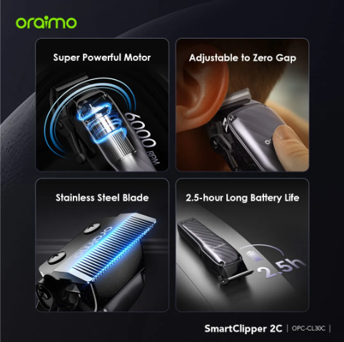 Oraimo SmartClipper 2C Professional Hair Clipper Stainless Steel Blade Adjustable to Zero Gap Precise Hair-cutting  2.5 hrs Runtime Shaving Marchine