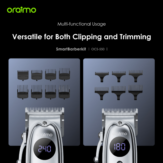 Oraimo Smart Barberkit Super Powerful Motor Barber Kit Ideal Tool Kit for Professional Barber Self-sharpening Blades Multi-functional Usage Hair Shaving Machine