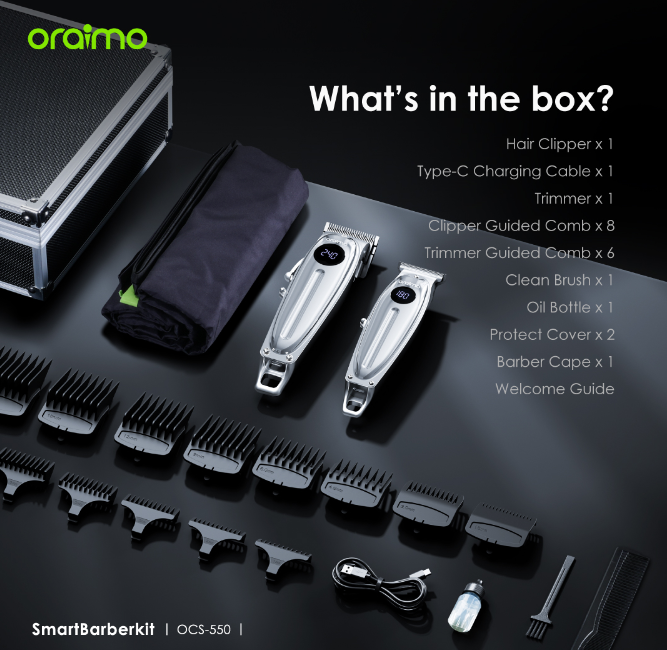 Oraimo Smart Barberkit Super Powerful Motor Barber Kit Ideal Tool Kit for Professional Barber Self-sharpening Blades Multi-functional Usage Hair Shaving Machine