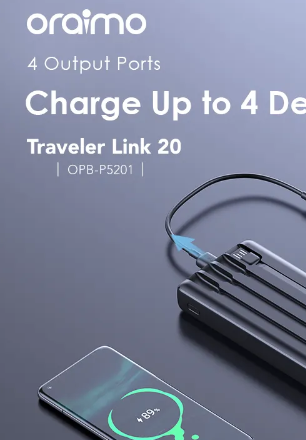 Oraimo Traveler Link 20 20000mAh 12W Portable Power Bank 4 Built-in Charging&Recharging Cables Up to 5 Phone Charges Powerbank