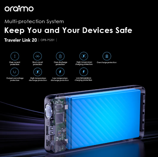 Oraimo Traveler Link 20 20000mAh 12W Portable Power Bank 4 Built-in Charging&Recharging Cables Up to 5 Phone Charges Powerbank