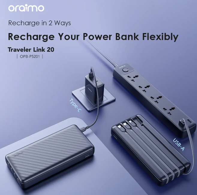 Oraimo Traveler Link 20 20000mAh 12W Portable Power Bank 4 Built-in Charging&Recharging Cables Up to 5 Phone Charges Powerbank