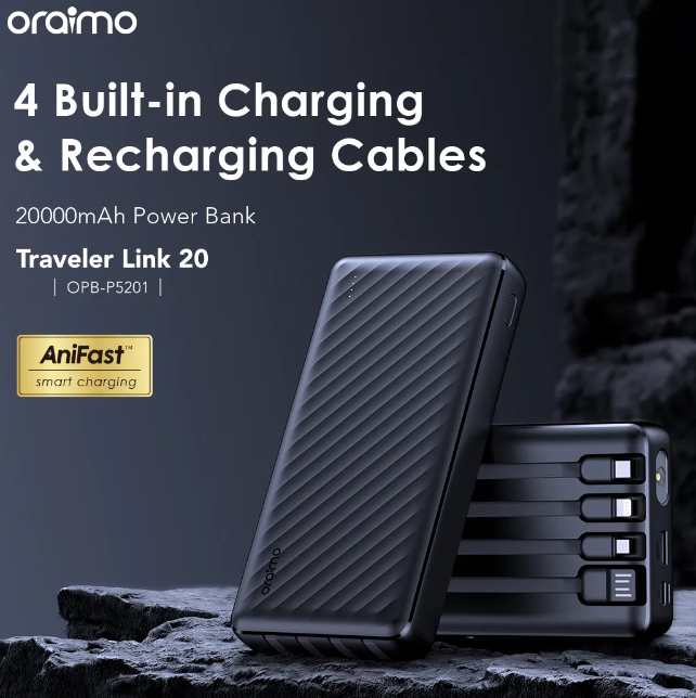 Oraimo Traveler Link 20 20000mAh 12W Portable Power Bank 4 Built-in Charging&Recharging Cables Up to 5 Phone Charges Powerbank
