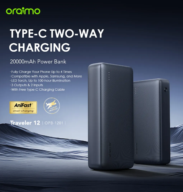 Oraimo Traveler 12 20000mAh 12W Smart Fast Charging Power Bank Type-C (IN/OUT) Universal Compatibility Powerbank