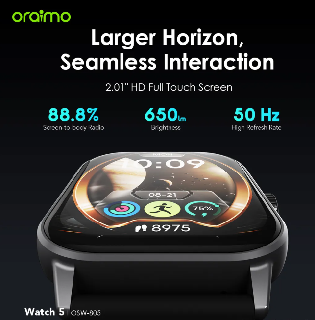 oraimo Watch 5 2.01" HD Panda Glass 1ATM Smart Watch