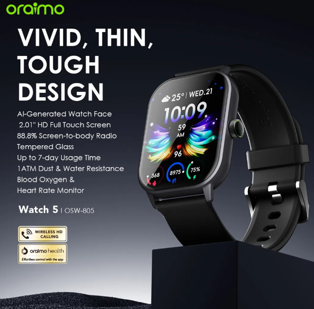 oraimo Watch 5 2.01" HD Panda Glass 1ATM Smart Watch