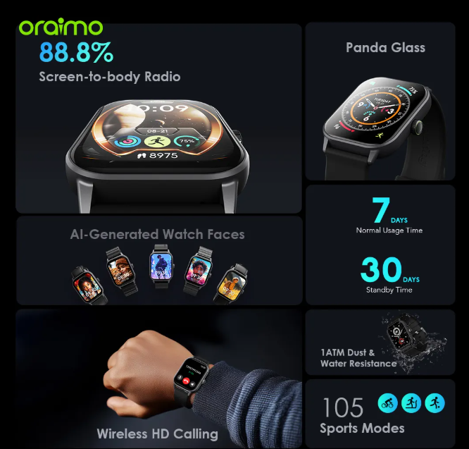 oraimo Watch 5 2.01" HD Panda Glass 1ATM Smart Watch