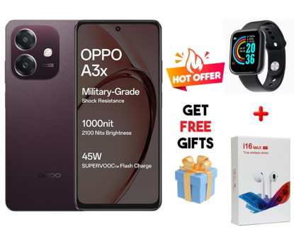 Oppo A3x 6.67-inch' 128GB or 64GB ROM 4GB RAM" Battery: 5100mAh"Dual SIM+SMARTWATCH + EARPODS. Android Smart Phone