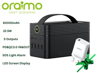 Oraimo PowerBox 600 60000mAh Ultra-high Capacity 22.5W, 5 Outputs in 
 One that Charge 5 Devices Simultaneously Power Bank