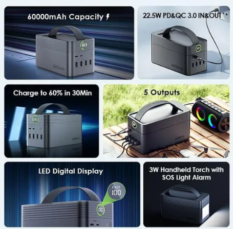 Oraimo PowerBox 600 60000mAh Ultra-high Capacity 22.5W, 5 Outputs in 
 One that Charge 5 Devices Simultaneously Power Bank