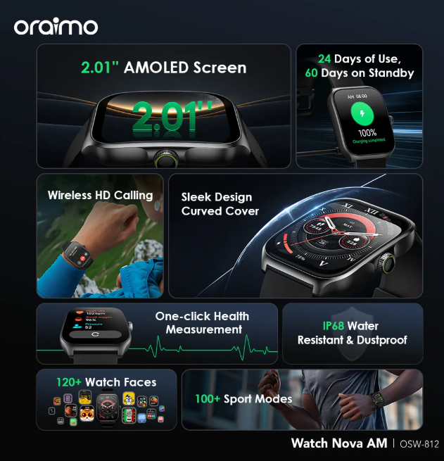 BEST QUALITY Oraimo Watch Nova AM 2.01" AMOLED Screen Curved Cover Smart Watch