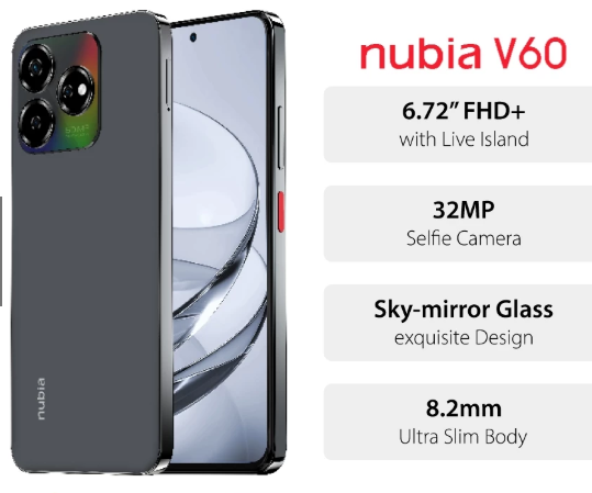Nubia V60 Design Smartphone | 256GB + 20GB(8+12)GB | Unisoc T606 | 6.72” FHD+ 90Hz Display | 50MP Triple Rear Camera | 5000mAh Battery W/ 22.5W Fast Charging Smart PhoneS