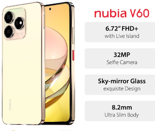 Nubia V60 Design Smartphone | 256GB + 20GB(8+12)GB | Unisoc T606 | 6.72” FHD+ 90Hz Display | 50MP Triple Rear Camera | 5000mAh Battery W/ 22.5W Fast Charging Smart PhoneS