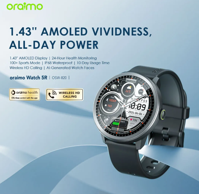 oraimo Watch 5R 1.43'' Amoled IP68 Smart Watch Wireless HD Calling AI-Generated Watch Faces Oraimo Smartwatch