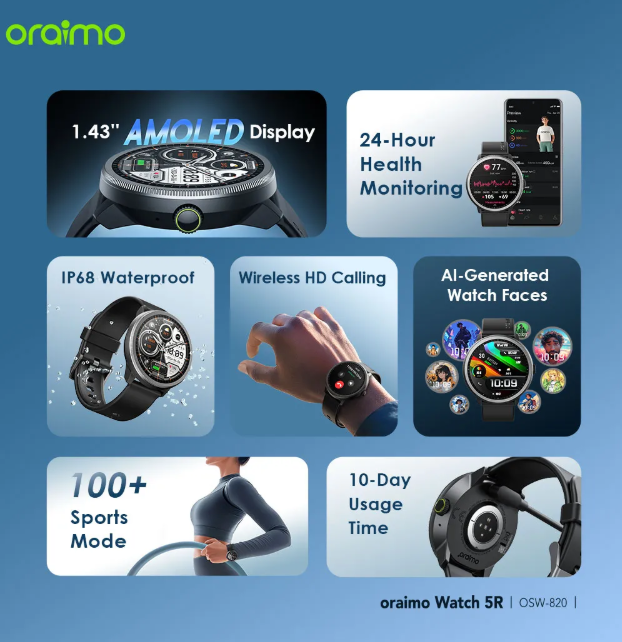 oraimo Watch 5R 1.43'' Amoled IP68 Smart Watch Wireless HD Calling AI-Generated Watch Faces Oraimo Smartwatch