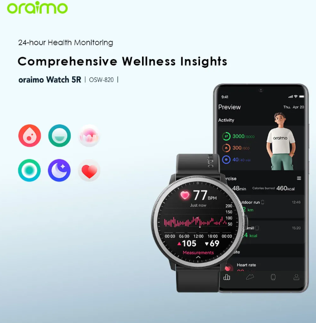oraimo Watch 5R 1.43'' Amoled IP68 Smart Watch Wireless HD Calling AI-Generated Watch Faces Oraimo Smartwatch