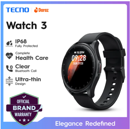 TECNO Watch 3 Smart Watch Clear Bluetooth Calls IP68 Water Protection Heart Rate Monitoring, Blood Oxygen Monitoring, Sleep Tracking, Smartphone