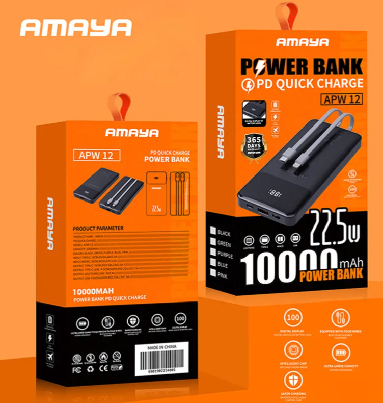Amaya APW-12 power bank 10000mAh 22.5W super fast charging with 2 lines Powerbank
