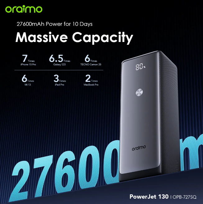 oraimo PowerJet 130 27600mAh 130W  Power Laptop & Phone at Once Power Bank Powerbank