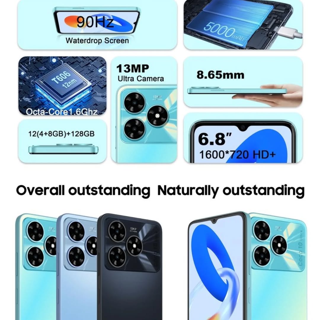 Corn Coco 10 Ultra 4G - 128 Gb ROM 12GB(4+8)GB 5000mAh 6.8 Inches HD+ Screen Type-C Charger Android 14 Smart Mobile Phone