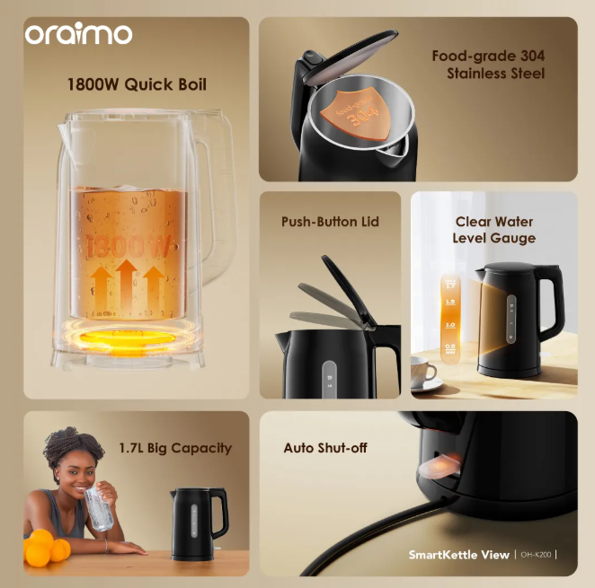 oraimo SmartKettle View 1.7L 304 Stainless Steel Electric Kettle + Free Thermo-flask