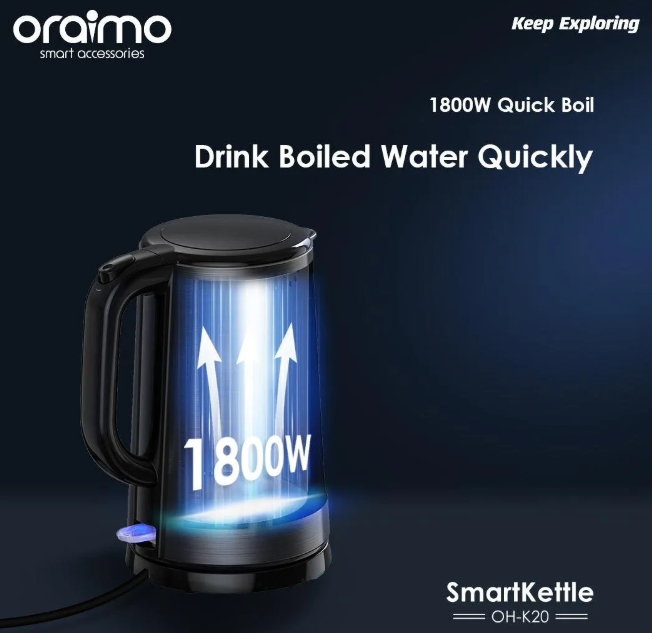 oraimo Smart Kettle 1.7L Full Metal Liner Kettle Automatically turns off When Water Boils Double Wall Structure No Scalding, Safe to Use Electric Kettle