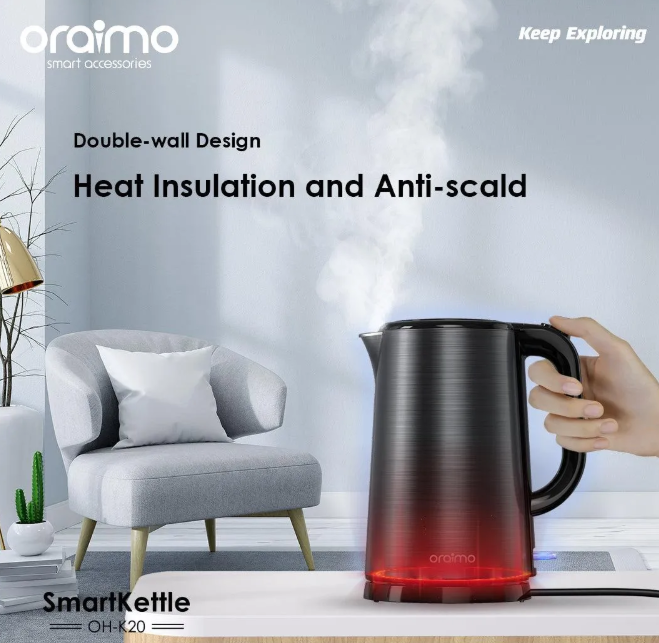 oraimo Smart Kettle 1.7L Full Metal Liner Kettle Automatically turns off When Water Boils Double Wall Structure No Scalding, Safe to Use Electric Kettle