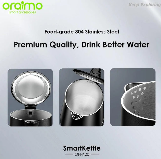 oraimo Smart Kettle 1.7L Full Metal Liner Kettle Automatically turns off When Water Boils Double Wall Structure No Scalding, Safe to Use Electric Kettle