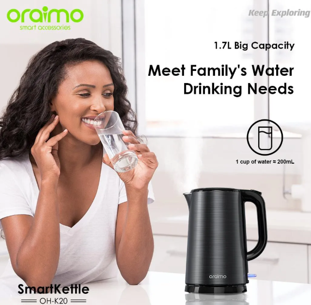 oraimo Smart Kettle 1.7L Full Metal Liner Kettle Automatically turns off When Water Boils Double Wall Structure No Scalding, Safe to Use Electric Kettle