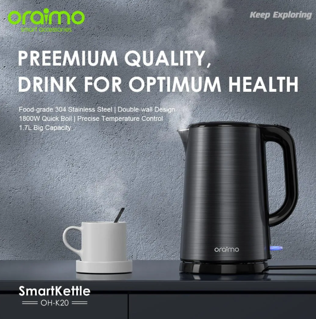 oraimo Smart Kettle 1.7L Full Metal Liner Kettle Automatically turns off When Water Boils Double Wall Structure No Scalding, Safe to Use Electric Kettle