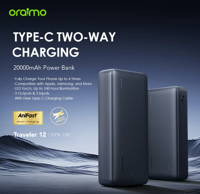 Oraimo Traveler 12 20000mAh 12W Smart Fast Charging Power Bank Type-C (IN/OUT) Universal Compatibility Powerbank + oraimo Earphones