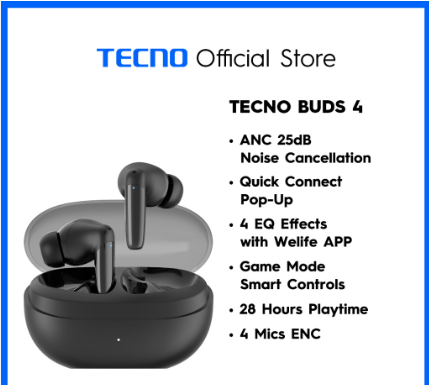 TECNO-TWS-Buds-4-25dB-ANC-Auto-Connection-Pop-up-Multi-EQ-Effects-with-Welife-APP-Auto-Game-Mode-28-Hour-of-Playtime-4-Mics Bluetooth Earphones
