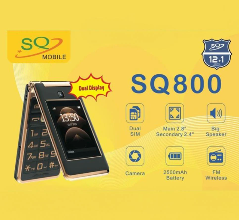 SQ800 Dual Display Phone ( 2.8-inch screen and a secondary 2.4-inch screen), Dual SIM,  2500mAh battery Long Battery Life Sleek and Foldable Design  Featured  Cell Phones
