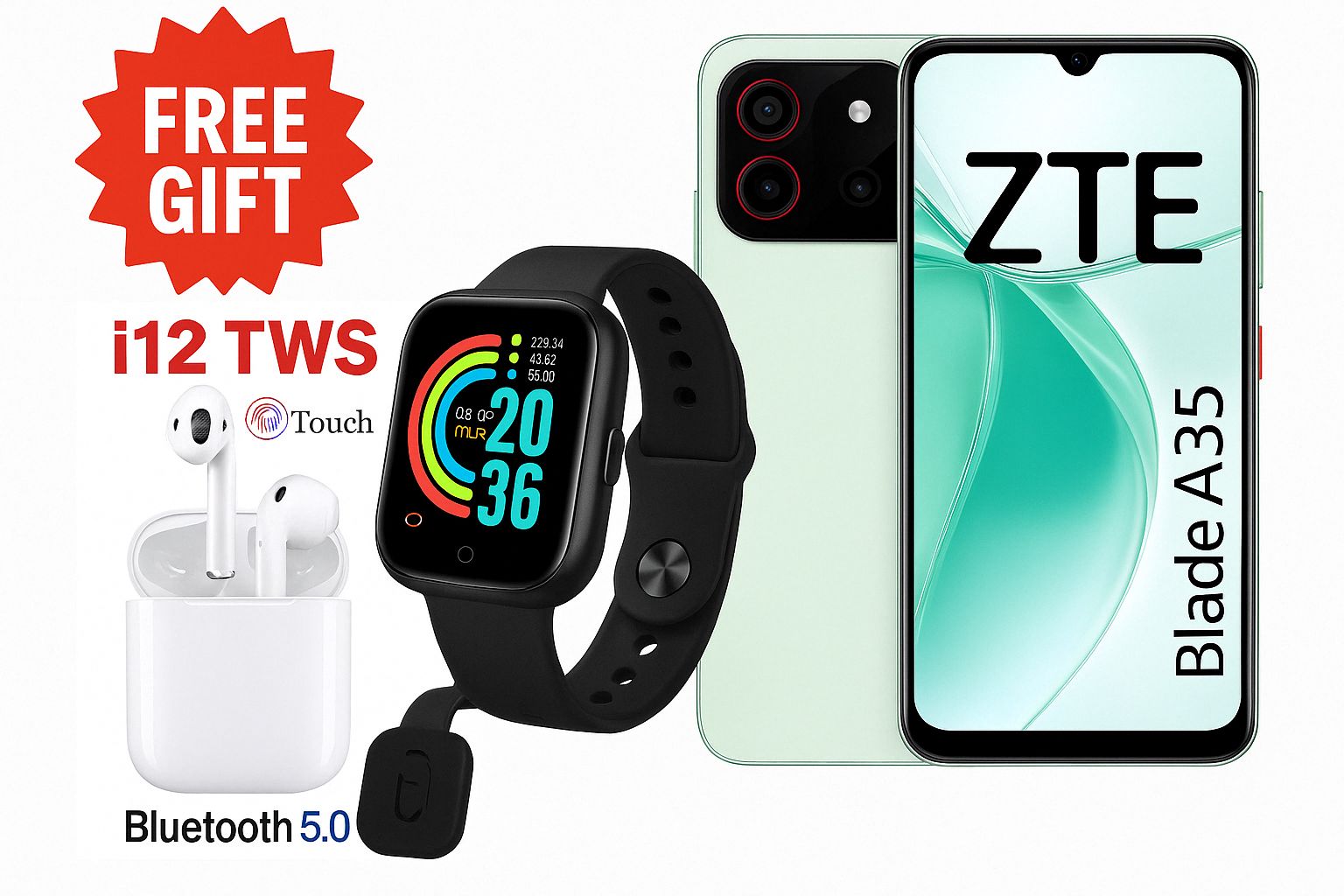 ZTE Nubia Blade A35 6.75 HD+ with 90Hz ” 5000mAh 12GB RAM 64GB ROM Dual SIM 4G Android Smart Phones + free Watch And Wireless Bluetooth Earphones