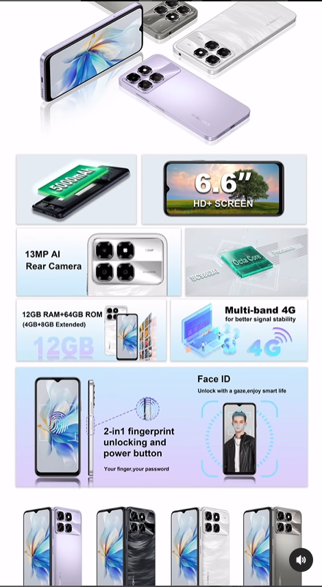 Corn play 25 pro 4G 64GB + 12GB(4+8)GB  Dual SIM 4G 6.6”HD+Waterdrop Screen 5000mAh 8MP Rear 13MP Android 14.0 Smart Phones
