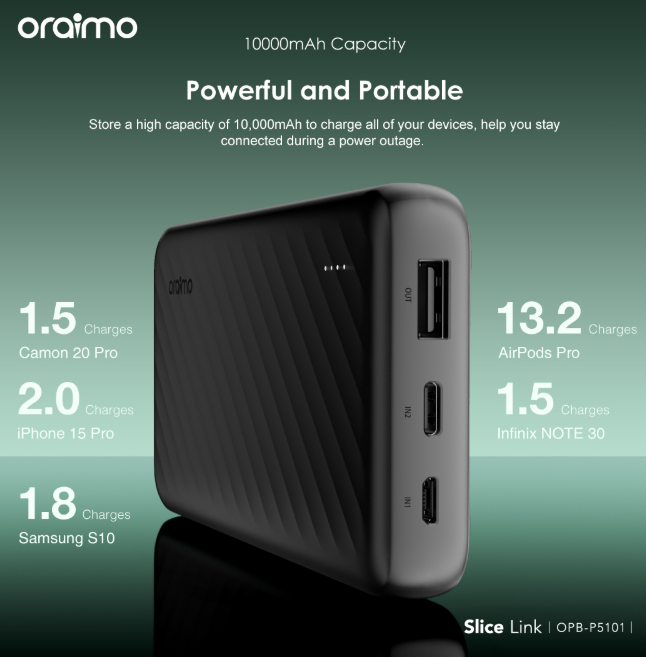 Oraimo Slice Link 10000mAh 12W   Widely Compatible Power Bank