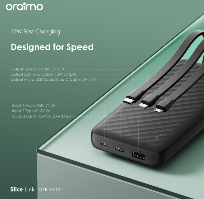 Oraimo Slice Link 10000mAh 12W   Widely Compatible Power Bank