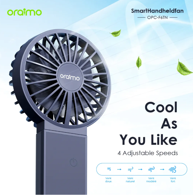 oraimo Smart Handheld Fan Dual Blades Foldable Fan 4 Adjustable Speed personal and Table fan