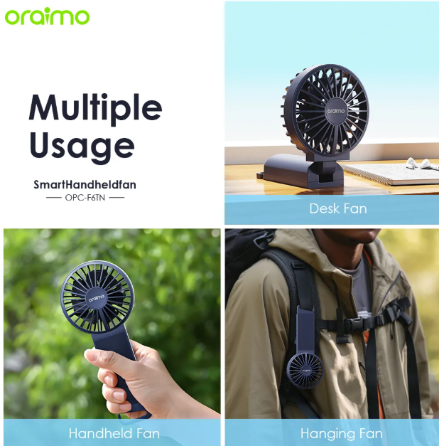 oraimo Smart Handheld Fan Dual Blades Foldable Fan 4 Adjustable Speed personal and Table fan