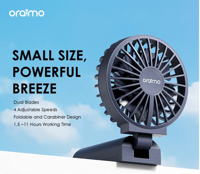 oraimo Smart Handheld Fan Dual Blades Foldable Fan 4 Adjustable Speed personal and Table fan
