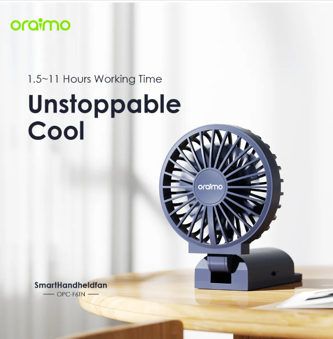 oraimo Smart Handheld Fan Dual Blades Foldable Fan 4 Adjustable Speed personal and Table fan