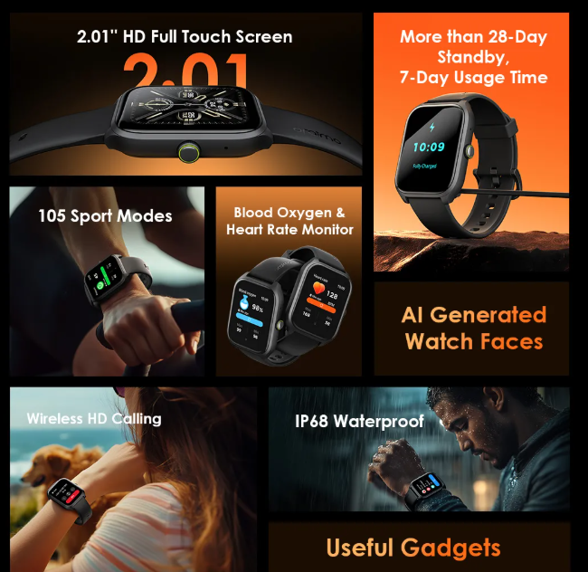 oraimo Watch 5 Lite 2.01" HD IP68  AI-Generated Watch Faces  HD Voice in Calls Smart Watch