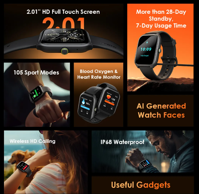 oraimo Watch 5 Lite 2.01" HD IP68  AI-Generated Watch Faces  HD Voice in Calls Smart Watch