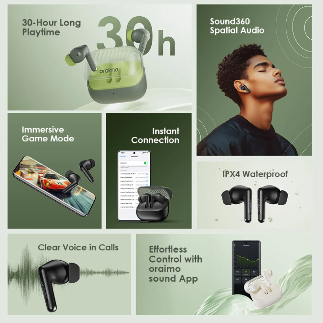 oraimo SpaceBuds Neo True Wireless Spatial Earbuds Noise Reduction in Call Sound360 Spatial Audio  Bluetooth Earphones
